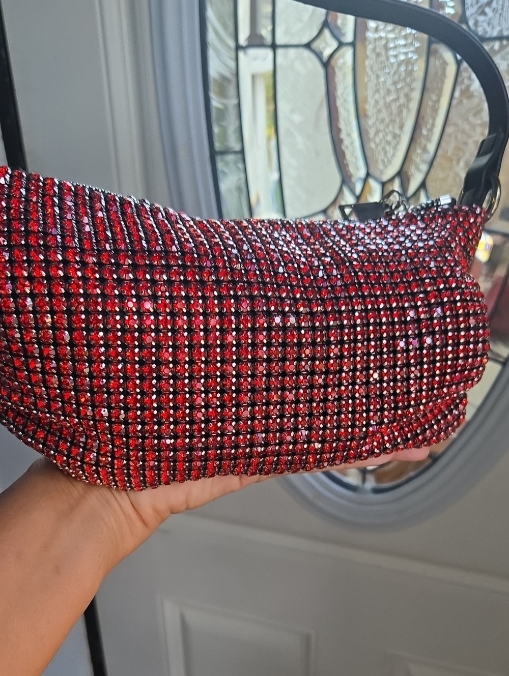 Party Sparkle! Pomegranate Red Crystal Embellished Beaded Evening Shoulder Bag